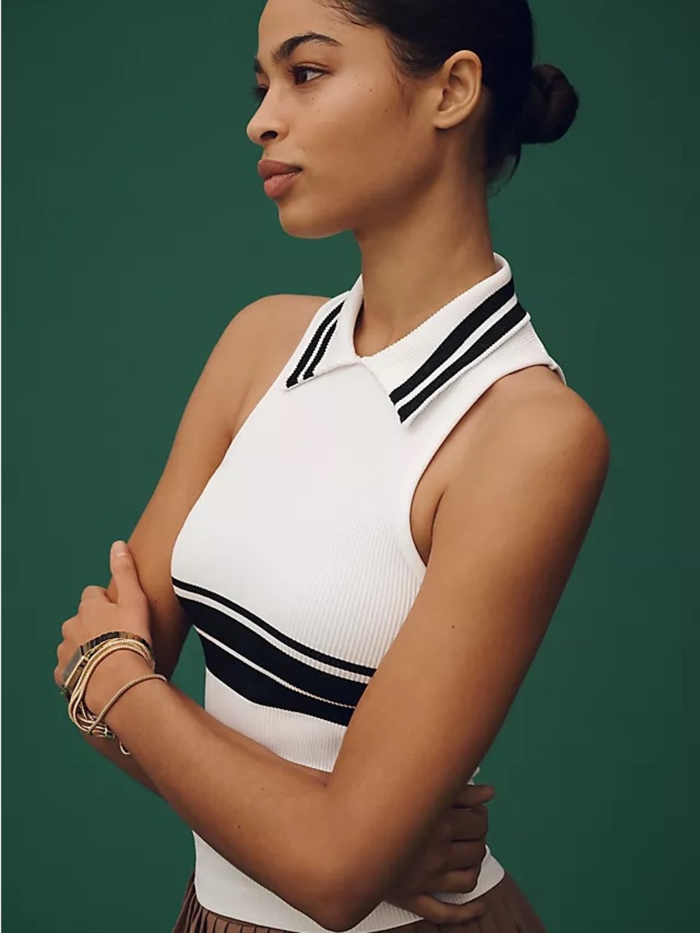 Maeve Sleeveless Collared Knit Tank Top - White with Black Trim